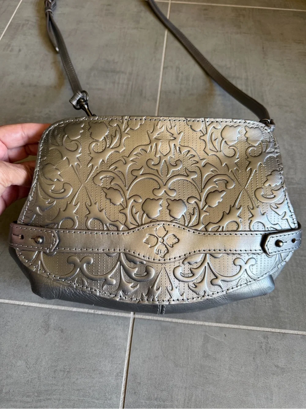 Patricia Nash Vada Frame Handbag Gunmetal Folklore Artesian Tooled Leather Bag